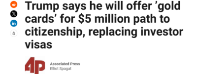川普开卖$500万金卡！加拿大人酸哭了：我们pr难民免费