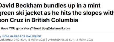 惊喜! 贝克汉姆带儿子闪现加拿大滑雪场: 父子争相炫技!合照温馨!