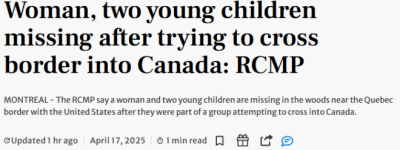 1名女子和2名幼儿在加拿大边境失踪！另有3人被捕