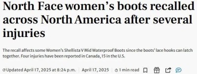 加拿大卫生部召回数千件The North Face热销产品！全额退款
