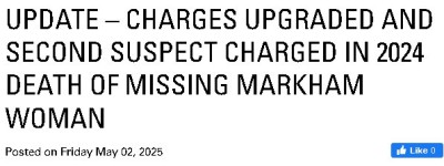 万锦华人女中医遇害，第二名华人男子被控一级谋杀