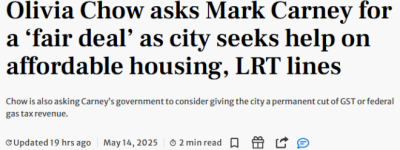 多伦多市长邹至蕙致信卡尼要求”公平份额”！急建住房、轻轨