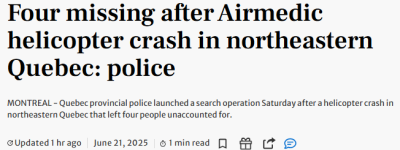加拿大医疗直升机坠湖4人失踪，搜救正在进行中