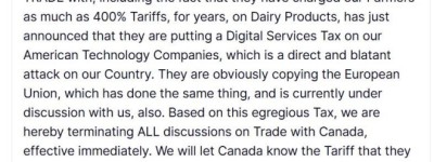 刚刚！特朗普宣布终止与加拿大的所有贸易谈判！