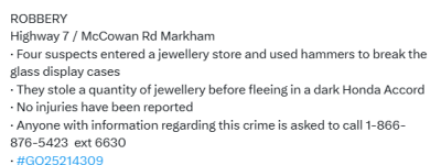 太荒唐！万锦Markville珠宝店又被抢，4匪持锤砸柜！商场顾客吓坏