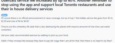 多伦多UberEats隐藏服务费突然暴涨60%! 网友怒喷: 它是寄生虫!