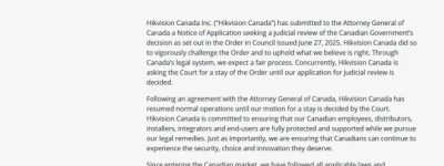 海康威视加拿大公司暂时恢复运营，已正式起诉