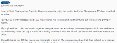 安省妹子求助: 想让男友搬进她的Condo同居, 要收租金么?