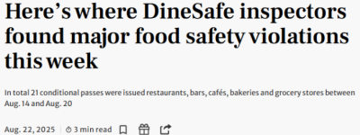 多伦多21家餐厅被查出”重大违规”: 多家知名中餐馆、连锁品牌上榜