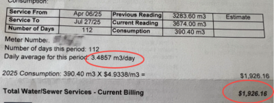 网友质疑：多伦多水费账单$1900，平均每天用了3.5吨水！