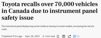 丰田在加拿大紧急召回超7万辆车！RAV4、汉兰达都在名单内