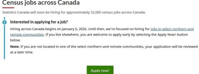 加国统计局即将为人口普查招聘32000人