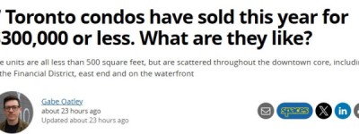 多伦多市中心7套公寓低于30万成交，跌回2018年！
