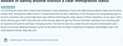 小心! 加拿大网友警告: 千万别和移民身份不明的人谈恋爱!