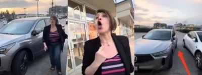 停车场西人大妈火了！占两个停车位 还让华裔小哥滚回国