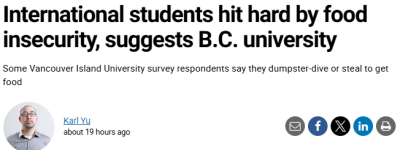加拿大高校52%留学生挨饿：翻垃圾桶、吃剩饭、偷食物