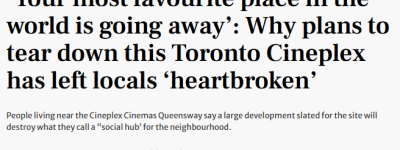 多伦多24年地标电影院即将消失！1.3万市民请愿哭求：不要拆
