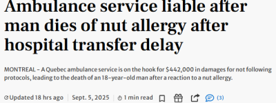 加拿大18岁少年坚果过敏, 被救护车延误拖死! 医院就在700米