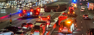 401高速公路油罐车事故导致西行快速车道关闭，交通延误