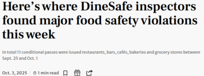 多伦多11家餐馆被查出重大违规: 知名烧腊店、粤菜、粥铺在列