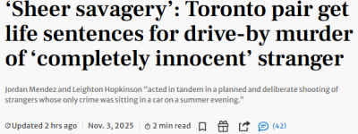 多伦多2名假释男子狂轰25枪射杀无辜陌生人, 被判终身监禁