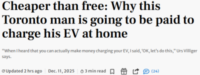 比免费还爽: 多伦多男子在家给电动车充电不花钱 还倒赚一笔