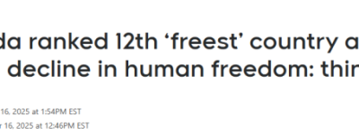 全球最自由国家榜单：加拿大位列12, 中国排在沙特和伊拉克之间