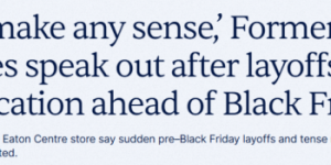 惊! 多伦多Eaton新开百货商店曝出”黑五大裁员”! 经理极其粗鲁!