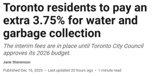 1月生效! 多伦多2大”刚需”收费上涨, 每家每户多掏一笔钱
