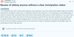 小心! 加拿大网友警告: 千万别和移民身份不明的人谈恋爱!