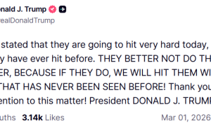 特朗普：伊朗称今天要发动非常猛烈的打击，他们最好别这么做